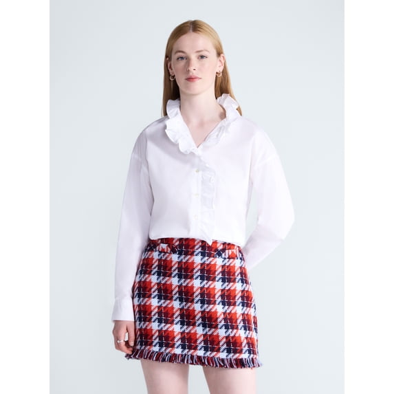 Free Assembly Women's and Women's Plus Ruffle Neck Cotton Top, Sizes XS-4X