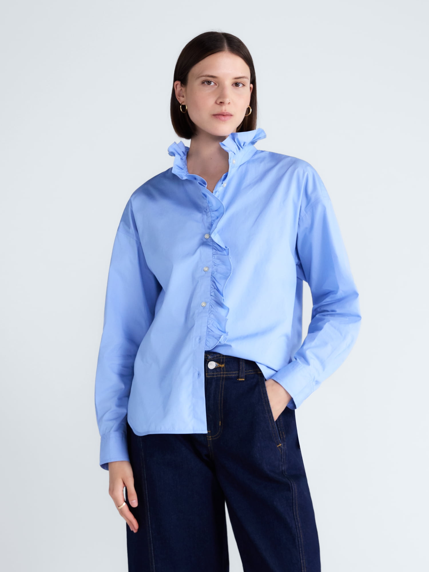 Free Assembly Women's and Women's Plus Ruffle Neck Cotton Top, Sizes XS-4X