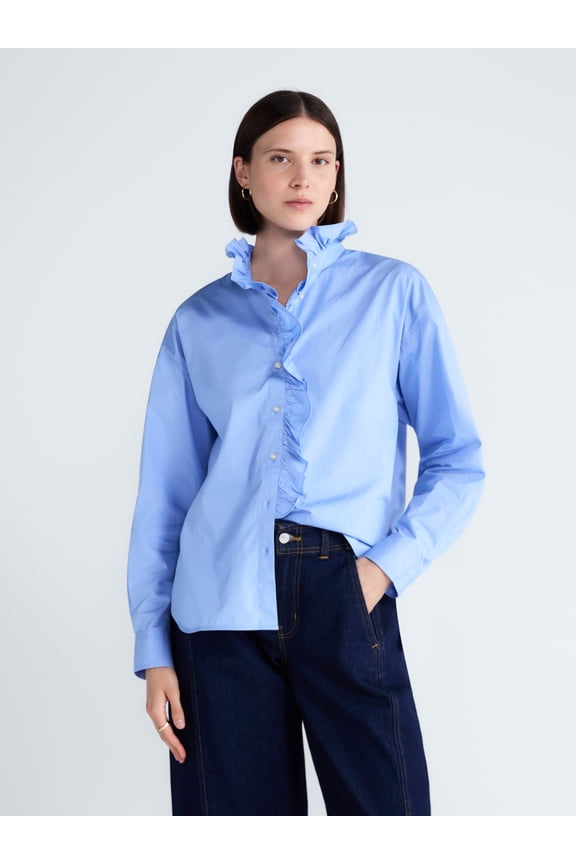 Women's and Women's Plus Ruffle Neck Cotton Top, Sizes XS-4X