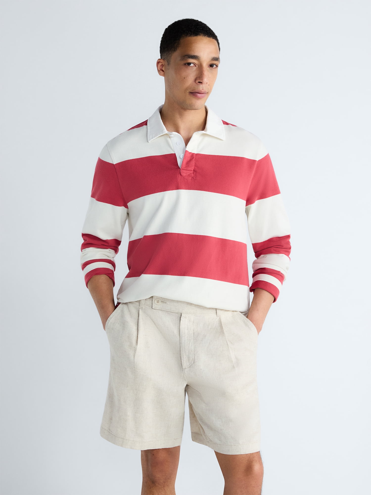 Free Assembly Men's Striped Cotton Rugby Shirt with Long Sleeves, Sizes S-3XL