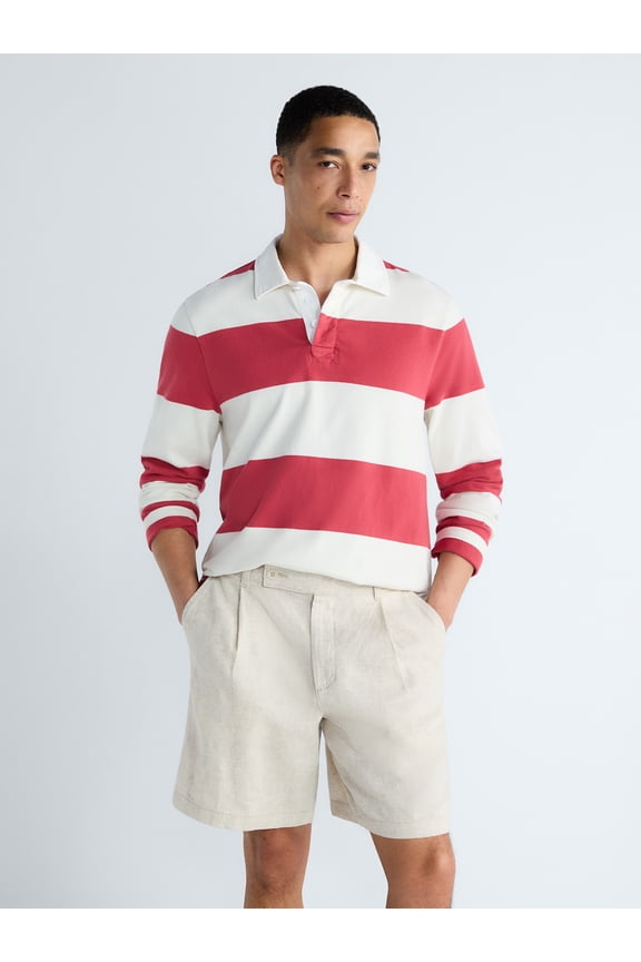 Men's Striped Cotton Rugby Shirt with Long Sleeves, Sizes S-3XL