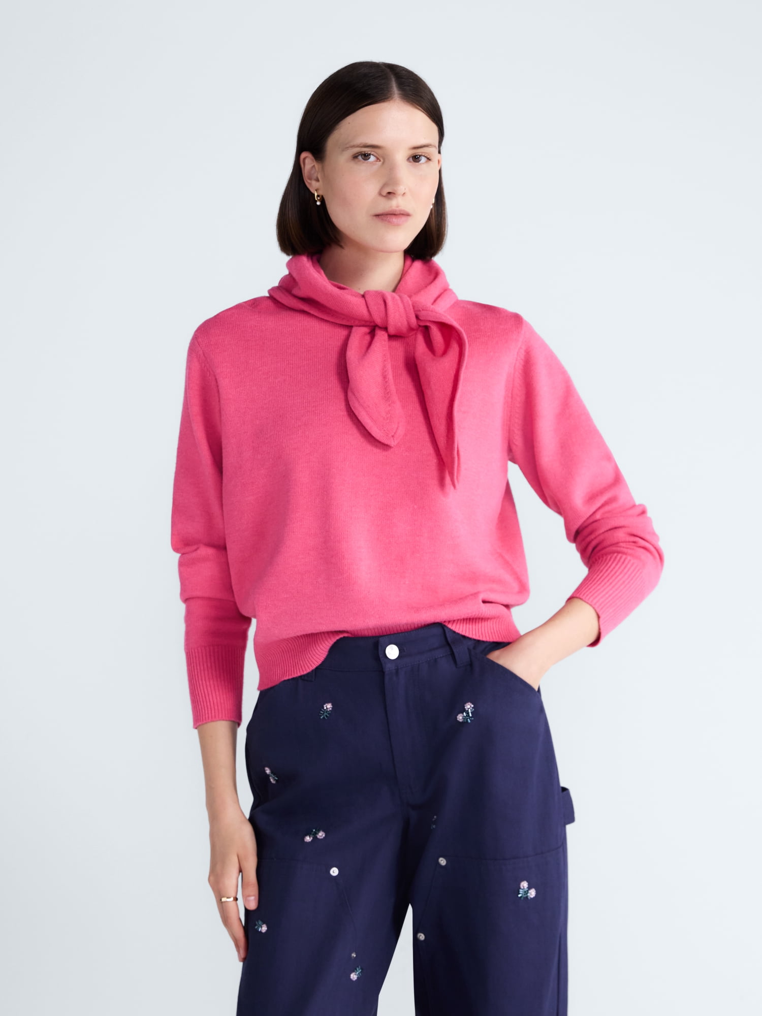 Free Assembly Women's and Women's Plus Cropped Crewneck Sweater with Scarf, Lightweight, Sizes XS-4X