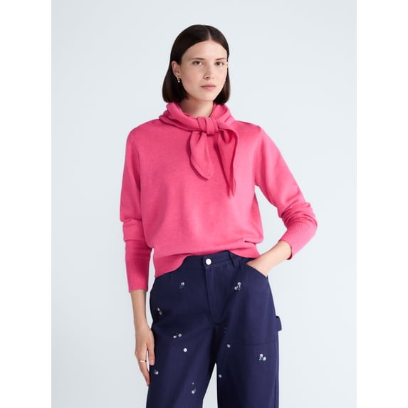 Free Assembly Women's and Women's Plus Cropped Crewneck Sweater with Scarf, Lightweight, Sizes XS-4X