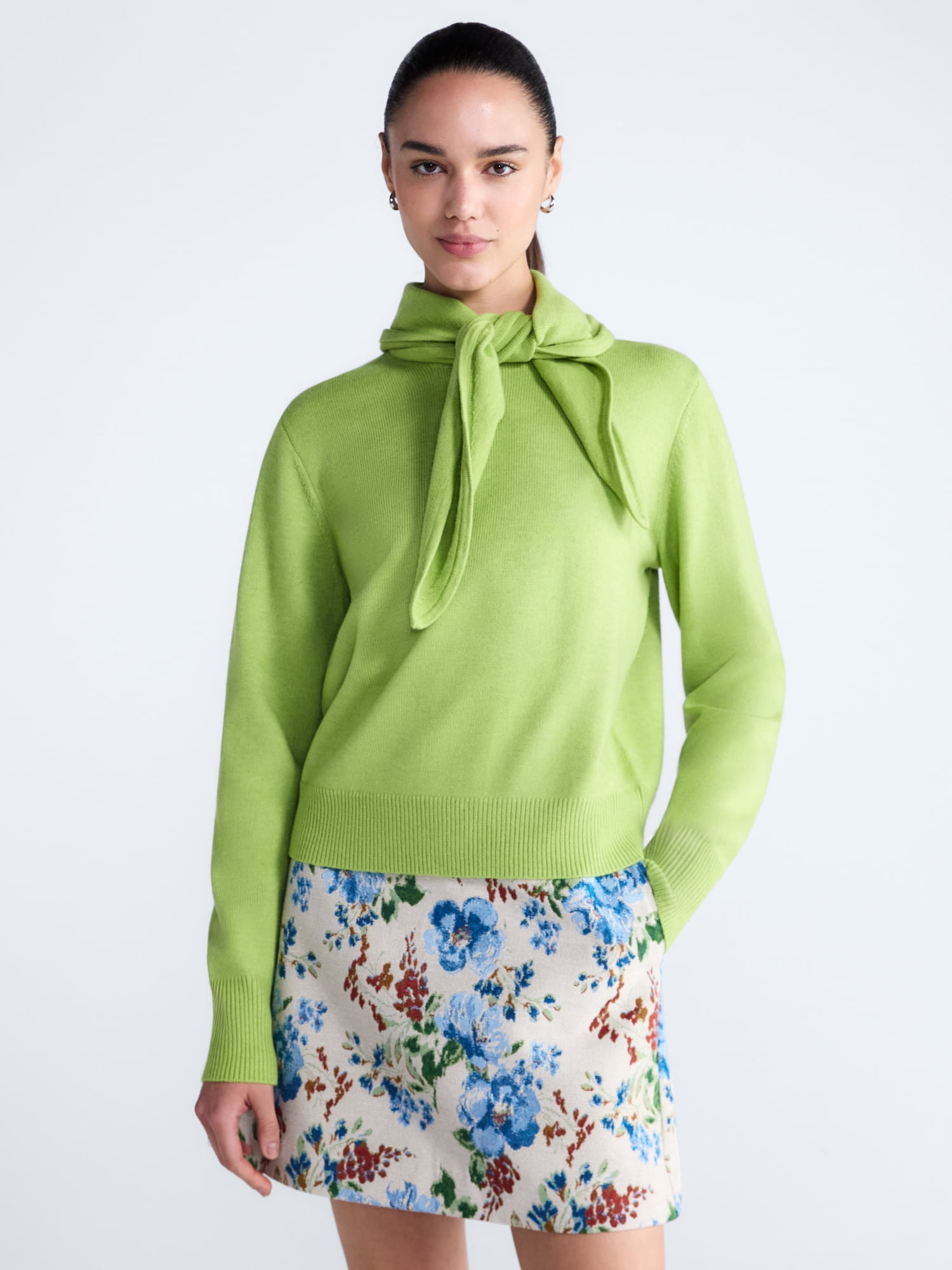 Women's and Women's Plus Cropped Crewneck Sweater with Scarf, Lightweight, Sizes XS-4X