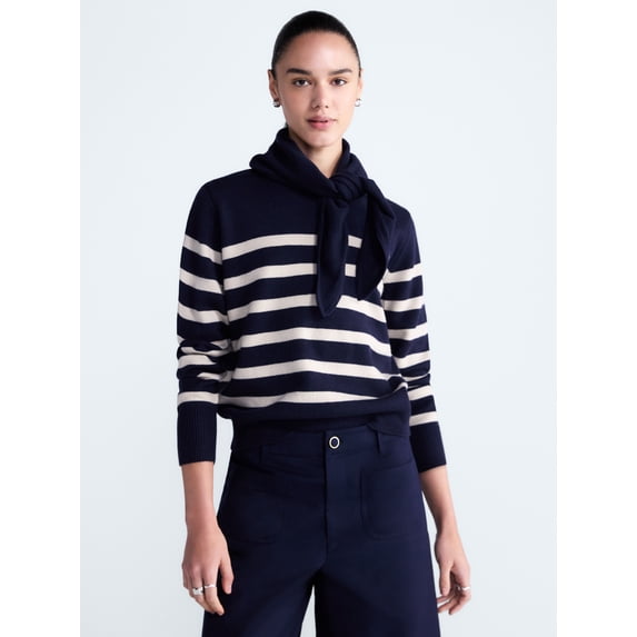 Free Assembly Women's and Women's Plus Cropped Crewneck Sweater with Scarf, Lightweight, Sizes XS-4X