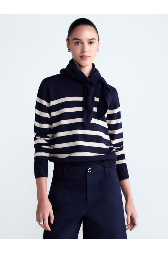 Women's and Women's Plus Cropped Crewneck Sweater with Scarf, Lightweight, Sizes XS-4X