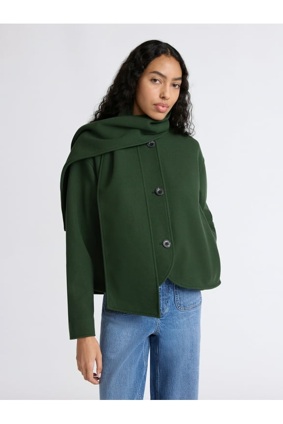 Women's Faux Wool Jacket with Scarf, Sizes XS-XXL