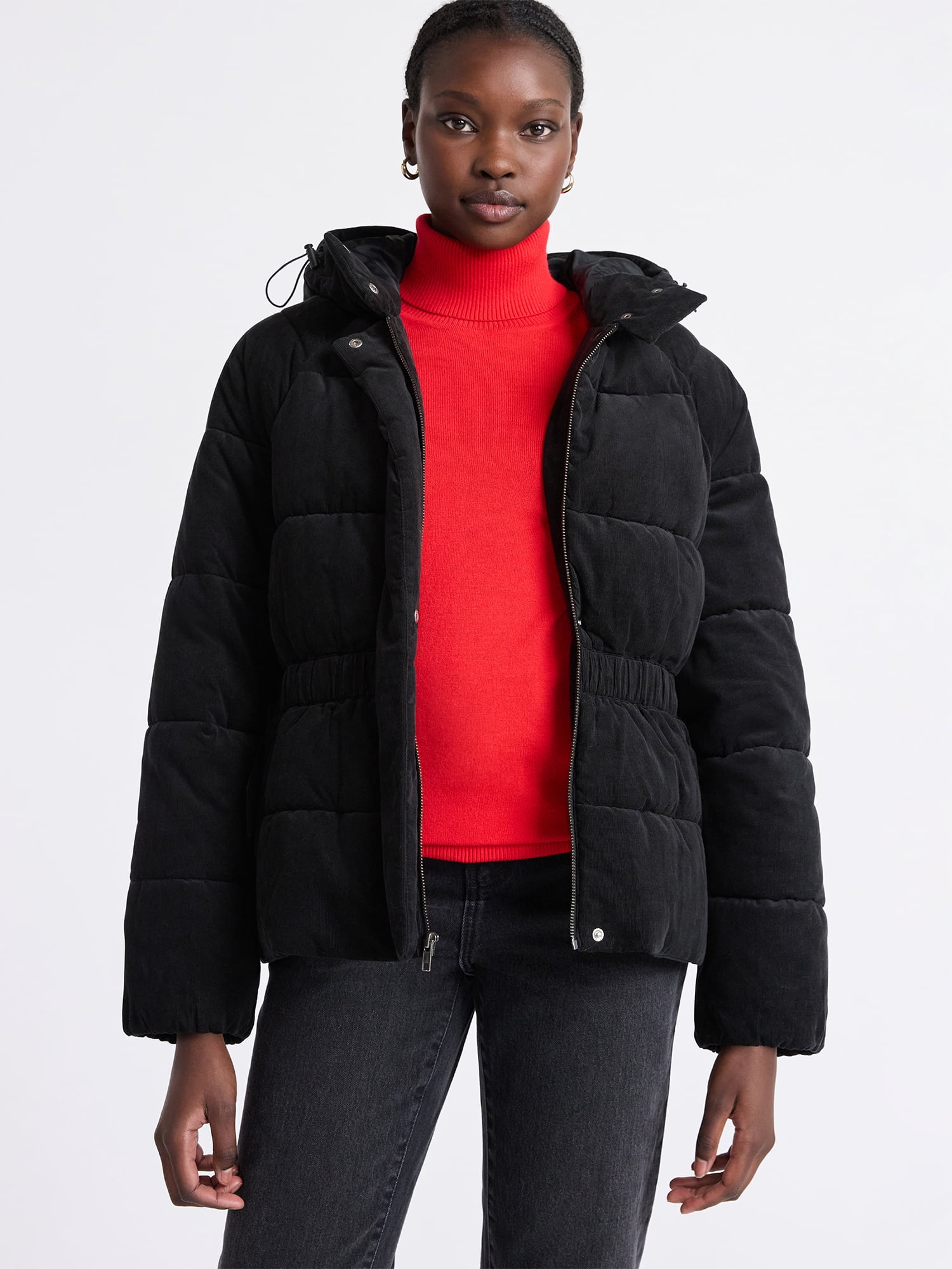 Free Assembly Women's Side Tie Puffer Jacket with Hood, Sizes XS-XXL