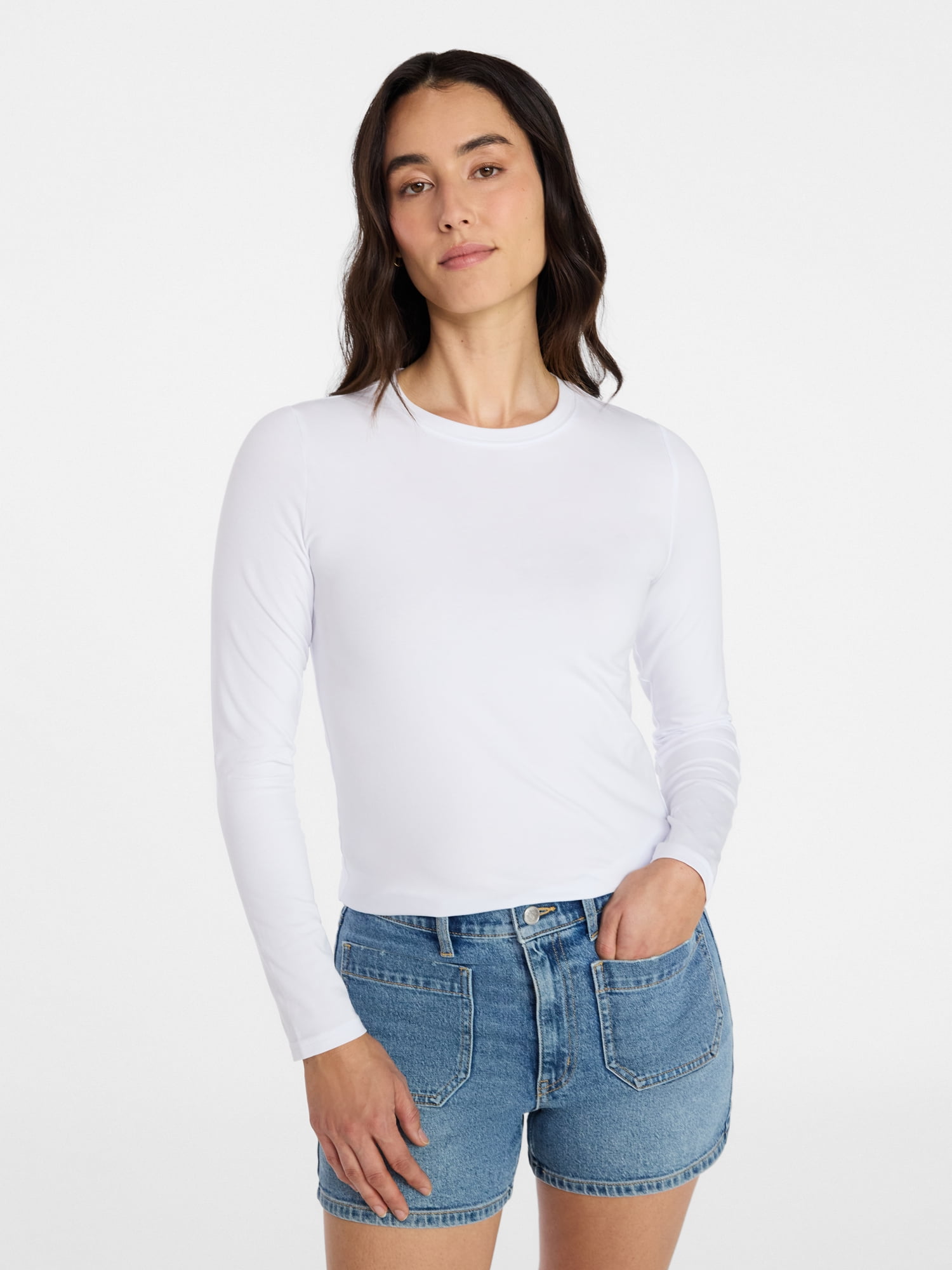 Time and Tru Women's Slim Crewneck Tee with Long Sleeves, Sizes XS-XXXL