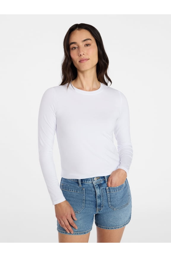 Women's Slim Crewneck Tee with Long Sleeves, Sizes XS-XXXL