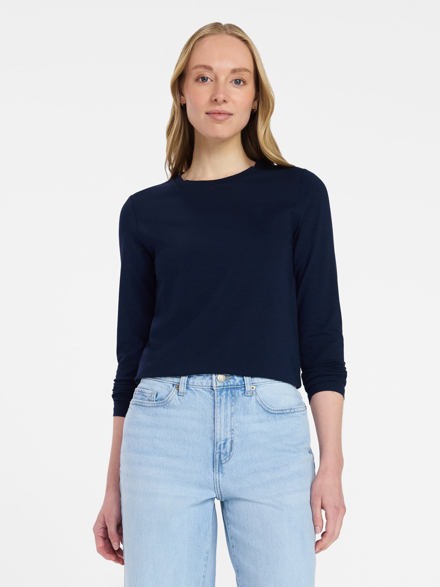 Time and Tru Women's Slim Crewneck Tee with Long Sleeves, Sizes XS-XXXL