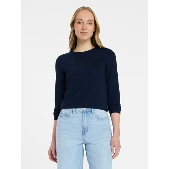 Time and Tru Women's Slim Crewneck Tee with Long Sleeves, Sizes XS-XXXL