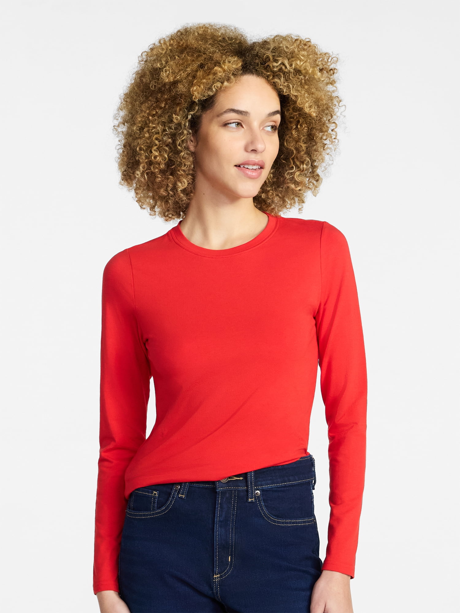 Time and Tru Women's Slim Crewneck Tee with Long Sleeves, Sizes XS-XXXL