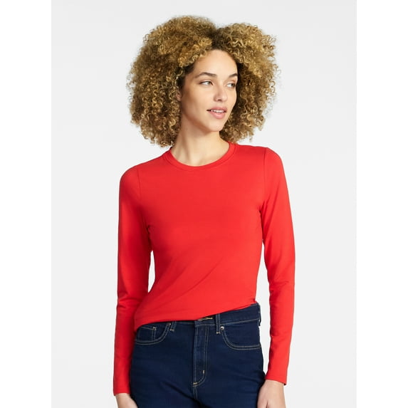 Time and Tru Women's Slim Crewneck Tee with Long Sleeves, Sizes XS-XXXL