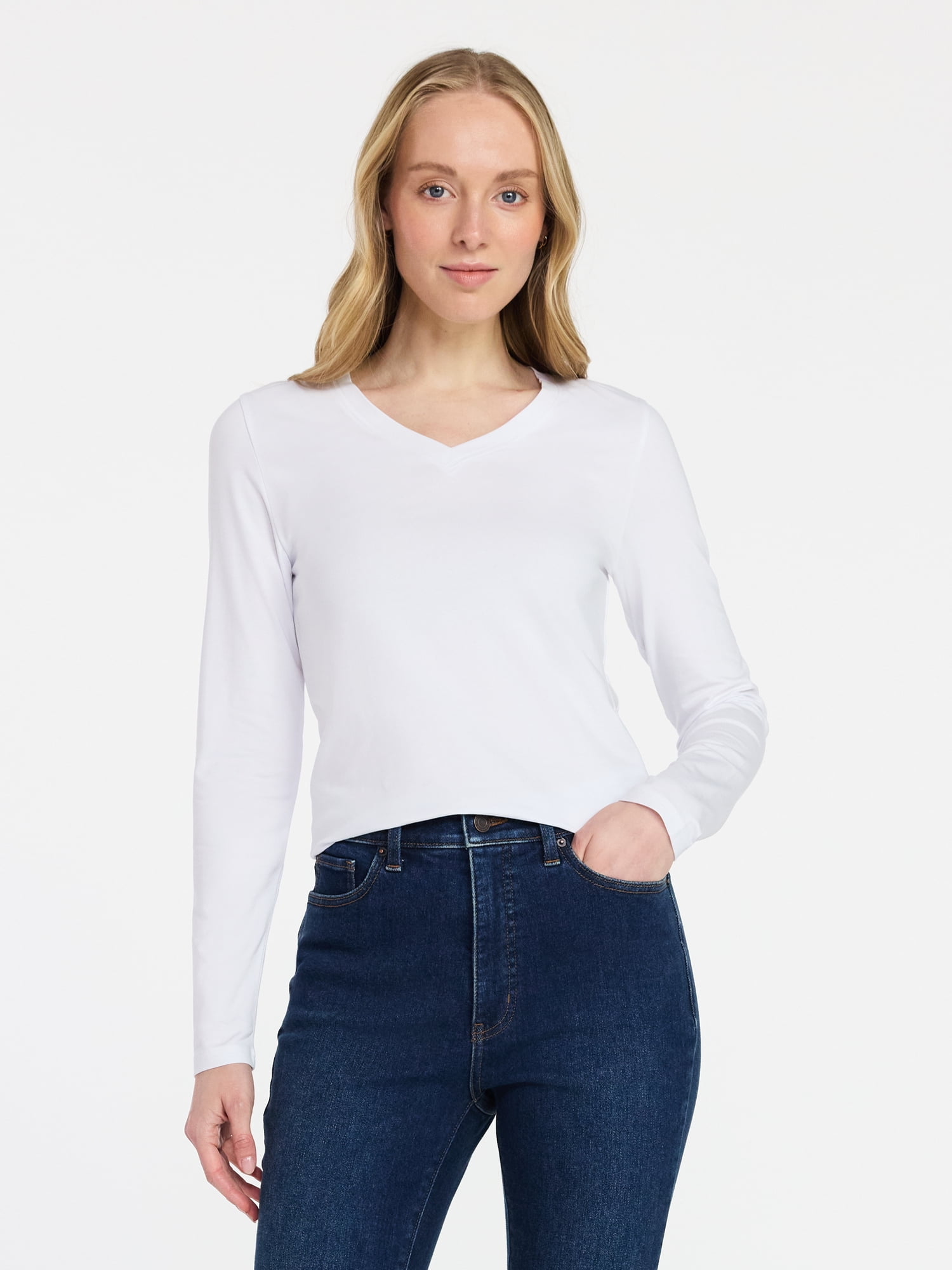Time and Tru Women's Slim V-Neck Tee with Long Sleeves, Sizes XS-XXXL