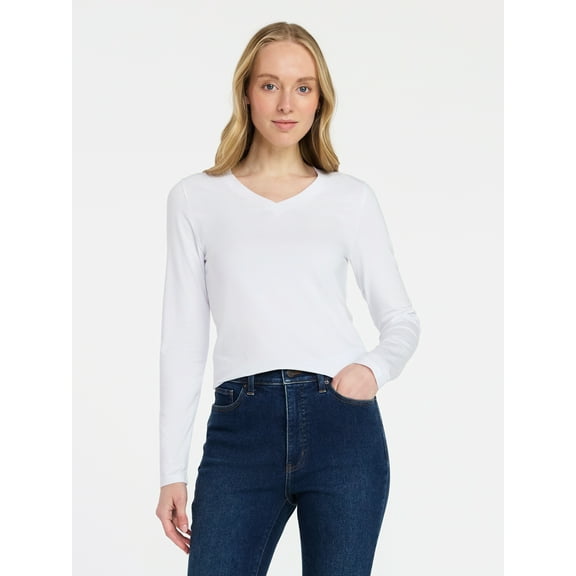 Time and Tru Women's Slim V-Neck Tee with Long Sleeves, Sizes XS-XXXL