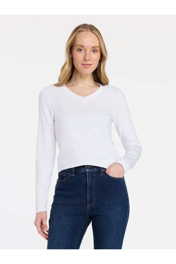 Women's Slim V-Neck Tee with Long Sleeves, Sizes XS-XXXL