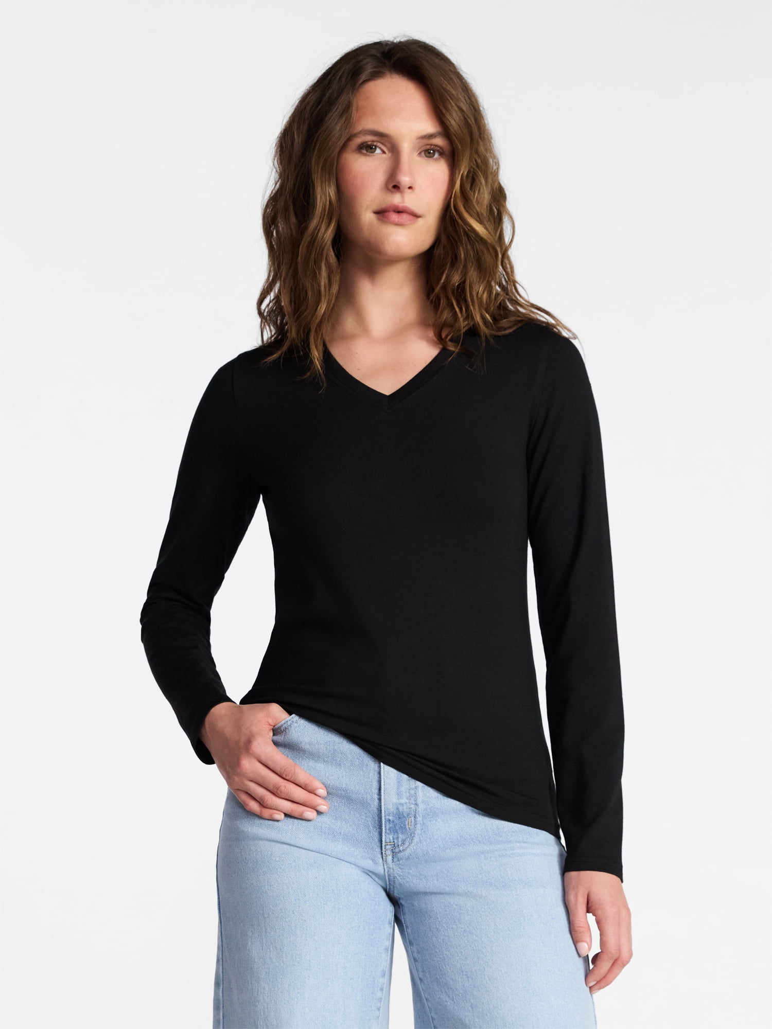Time and Tru Women's Slim V-Neck Tee with Long Sleeves, Sizes XS-XXXL