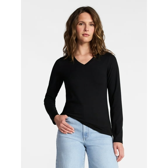 Time and Tru Women's Slim V-Neck Tee with Long Sleeves, Sizes XS-XXXL