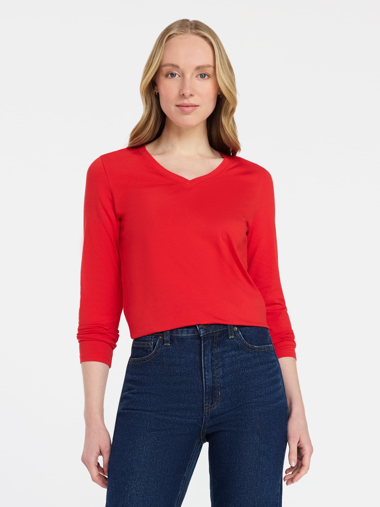 Time and Tru Women's Slim V-Neck Tee with Long Sleeves, Sizes XS-XXXL