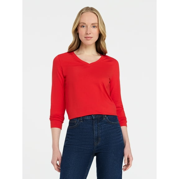 Time and Tru Women's Slim V-Neck Tee with Long Sleeves, Sizes XS-XXXL