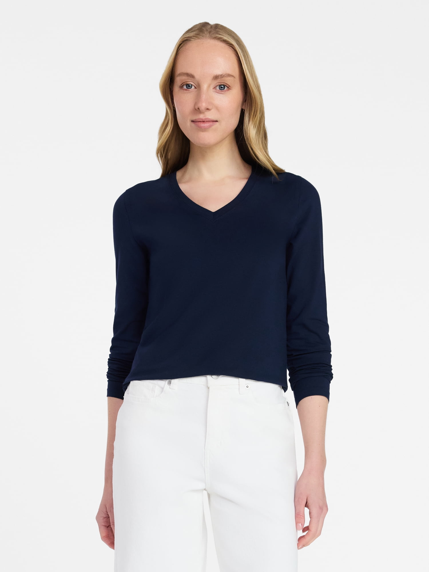 Time and Tru Women's Slim V-Neck Tee with Long Sleeves, Sizes XS-XXXL