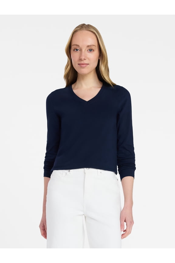 Women's Slim V-Neck Tee with Long Sleeves, Sizes XS-XXXL