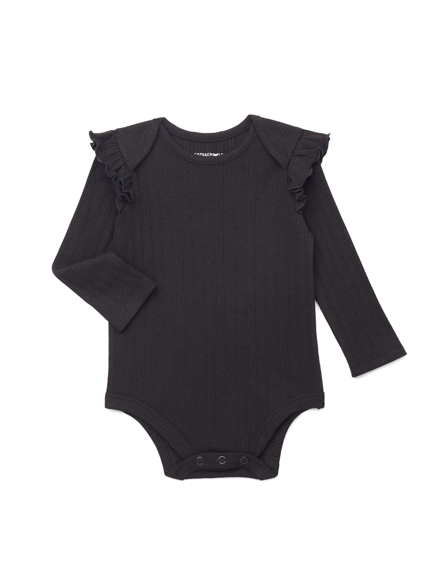 Baby Girl Ruffle Shoulder Ribbed Bodysuit with Long Sleeves, Sizes 0-24 Months