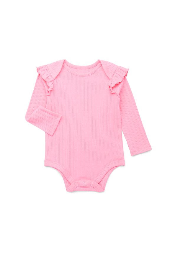 Baby Girl Ruffle Shoulder Ribbed Bodysuit with Long Sleeves, Sizes 0-24 Months