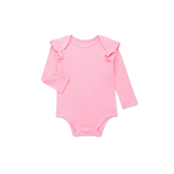 Garanimals Baby Girl Ruffle Shoulder Ribbed Bodysuit with Long Sleeves, Sizes 0-24 Months