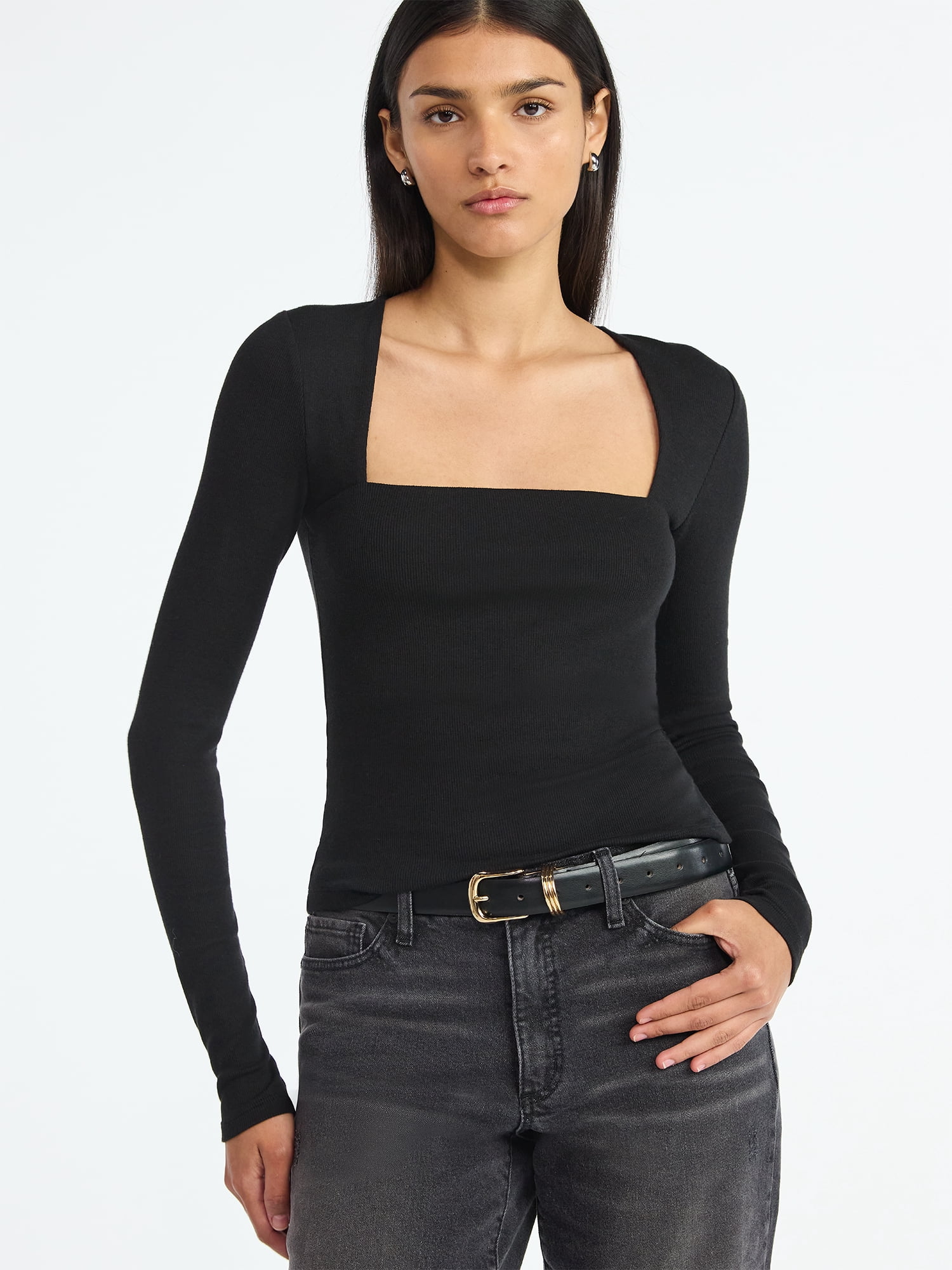 Scoop Women’s Ribbed Square Neck Top with Long Sleeves, Sizes XS-XXL