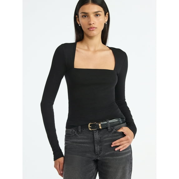 Scoop Women’s Ribbed Square Neck Top with Long Sleeves, Sizes XS-XXL