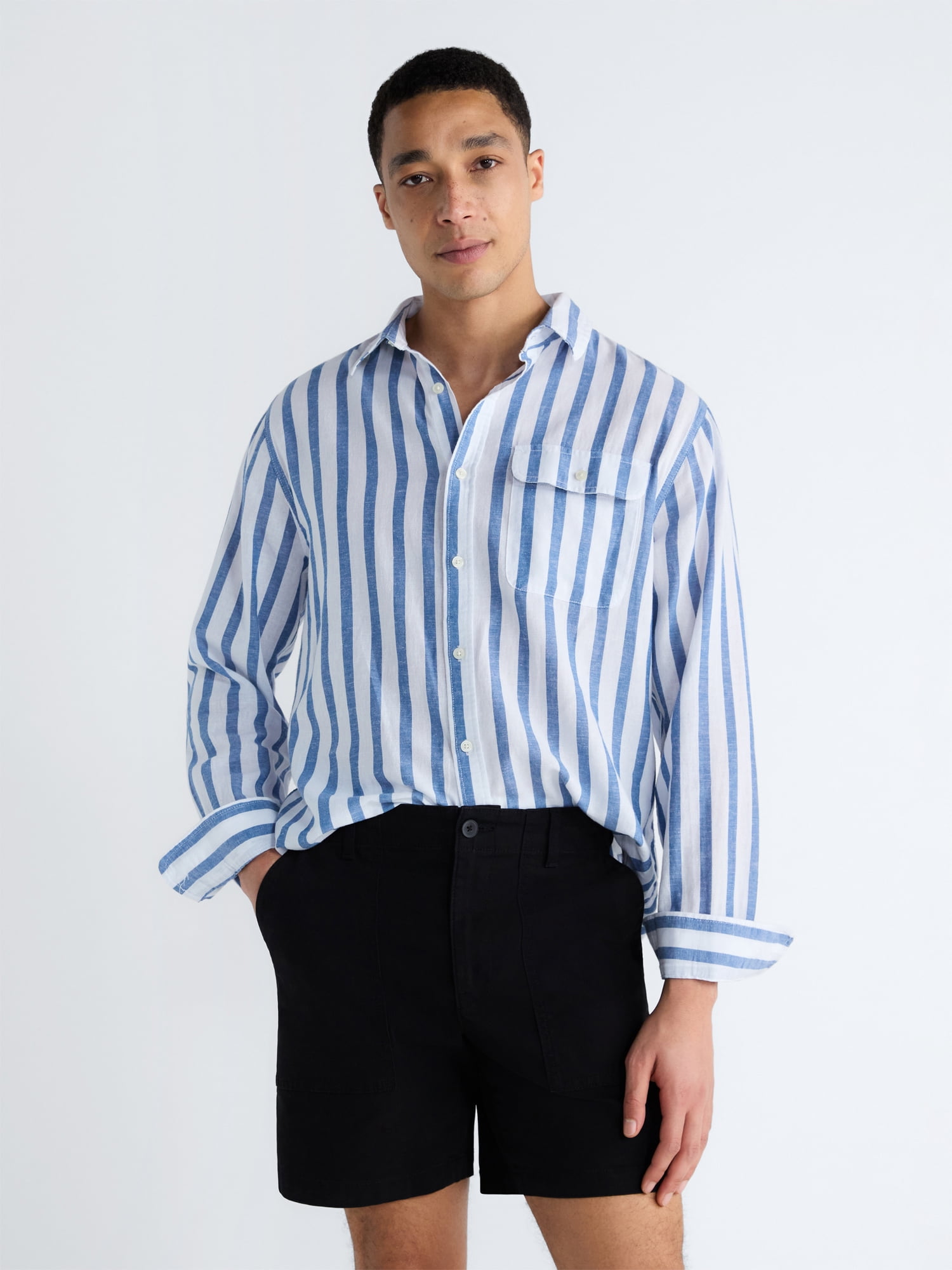Free Assembly Men's Striped Linen Blend Button Front Shirt with Long Sleeves, Sizes XS-3XL
