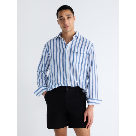Free Assembly Men's Striped Linen Blend Button Front Shirt with Long Sleeves, Sizes XS-3XL