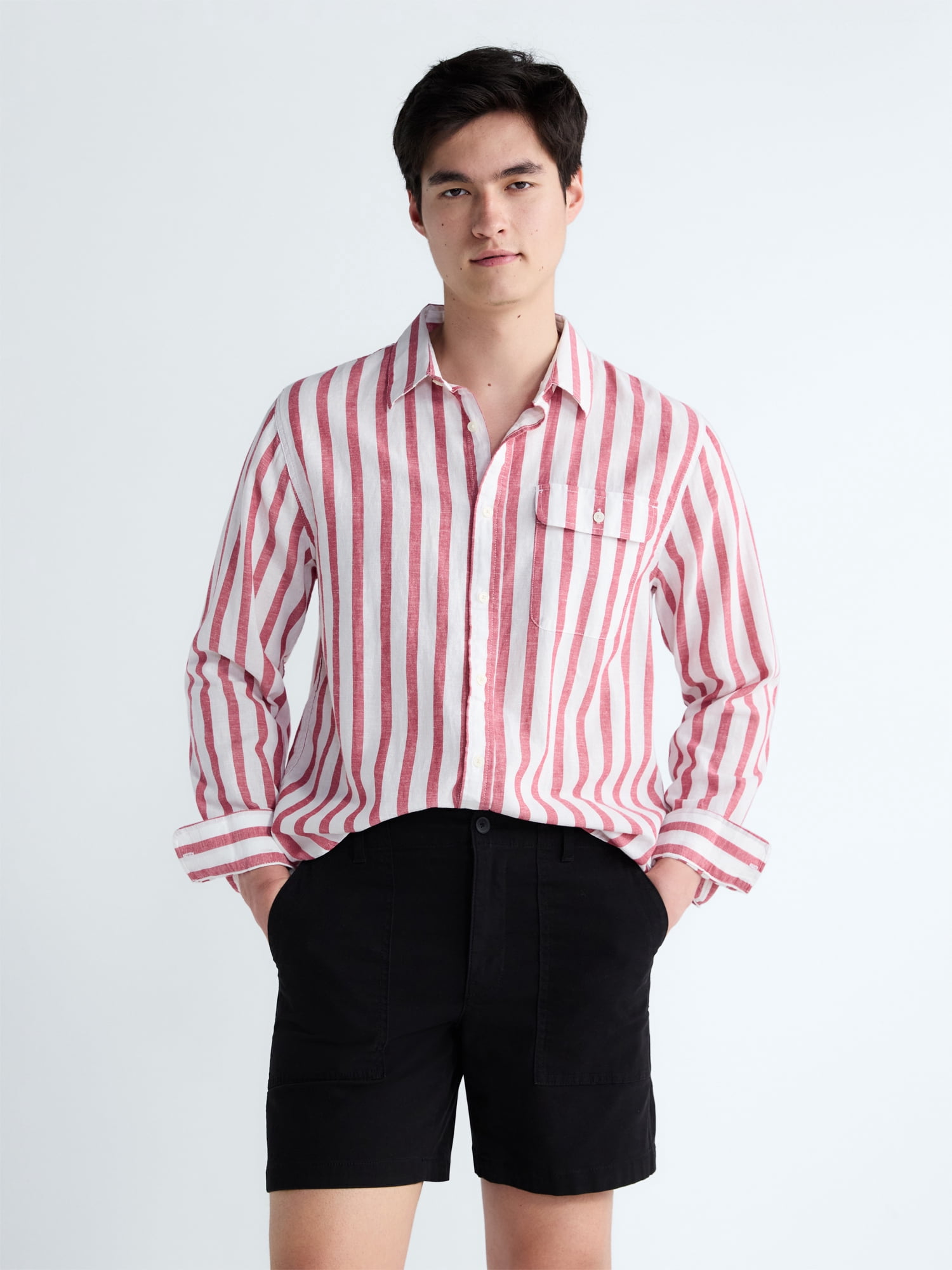 Free Assembly Men's Striped Linen Blend Button Front Shirt with Long Sleeves, Sizes XS-3XL