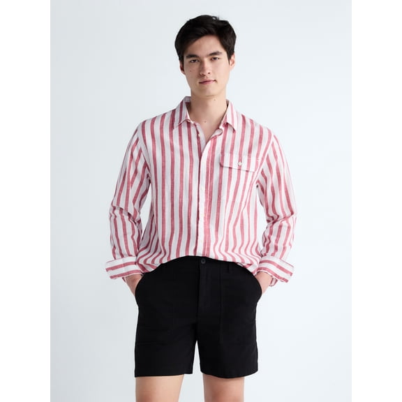 Free Assembly Men's Striped Linen Blend Button Front Shirt with Long Sleeves, Sizes XS-3XL