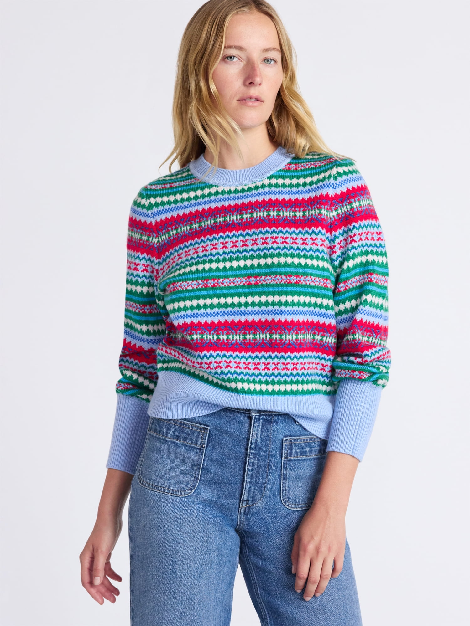Free Assembly Women's and Women’s Plus Fair Isle Pullover Sweater with Tall Cuffs, Midweight, Sizes XS-4X