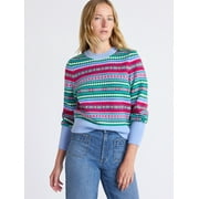 FREE ASSEMBLY Women's and Women’s Plus Fair Isle Pullover Sweater with Tall Cuffs, Midweight, Sizes XS-4X