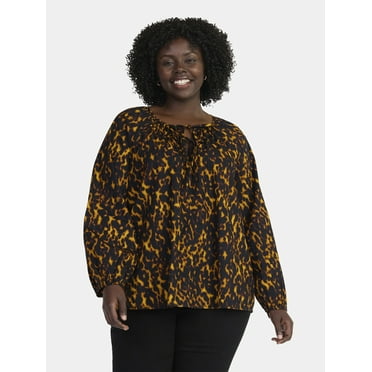 Terra & Sky Women's Plus Size Tie Front Blouse with Long Sleeves, Sizes 0X-4X