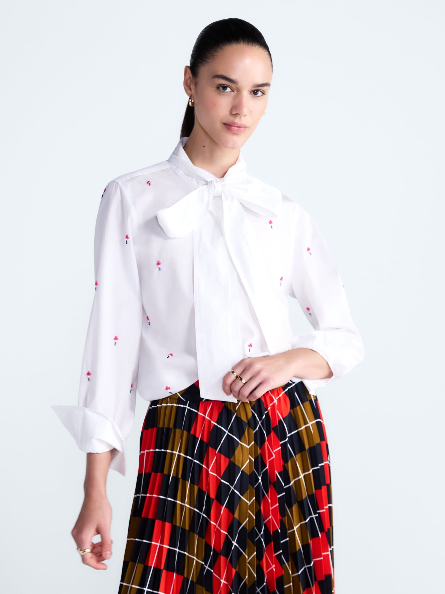 Free Assembly Women's and Women's Plus Beaded Tie Neck Cotton Shirt with Long Sleeves, Sizes XS-4X