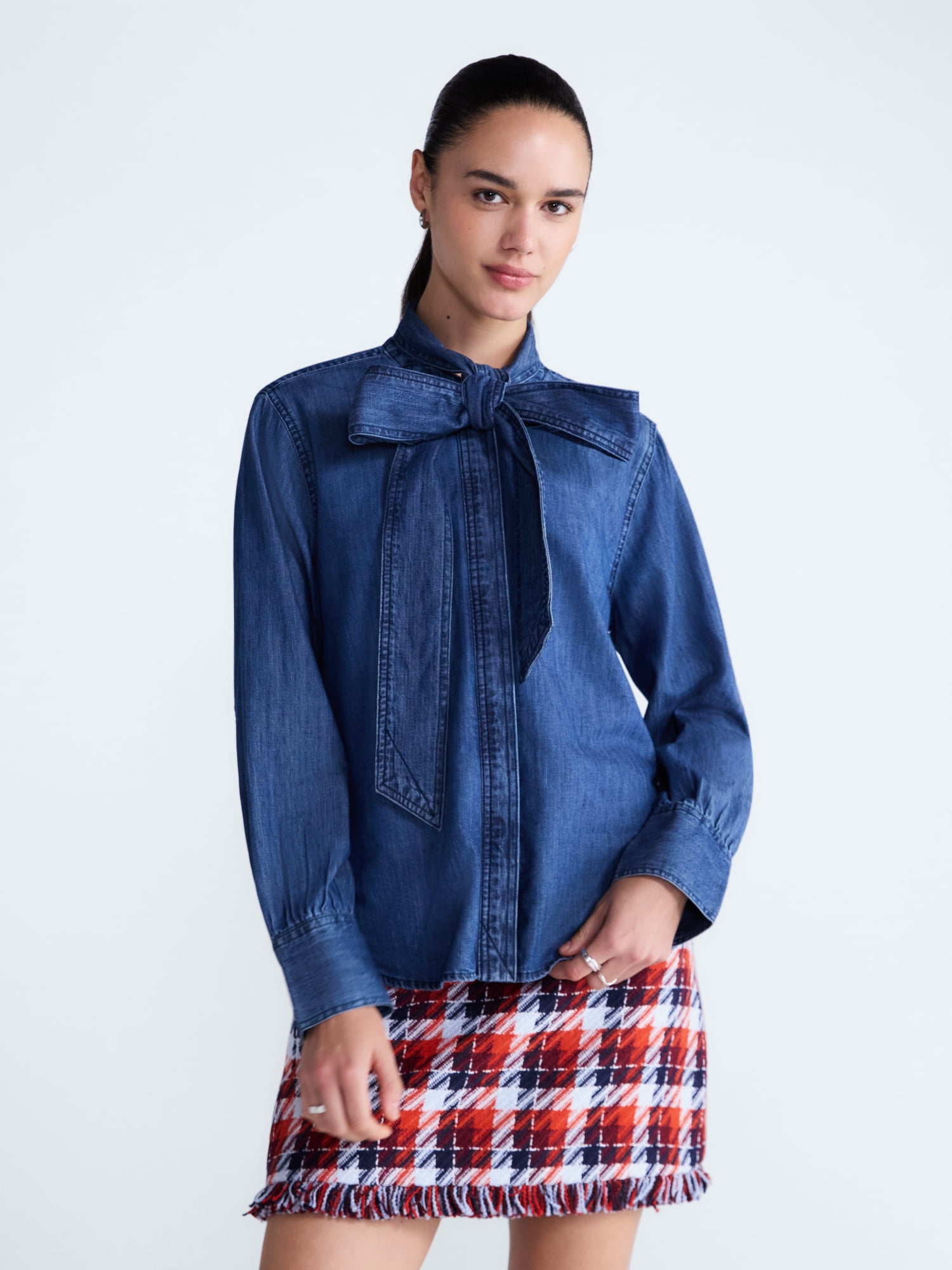Free Assembly Women's and Women's Plus Long Sleeve Tie Neck Shirt, Sizes XS-4X