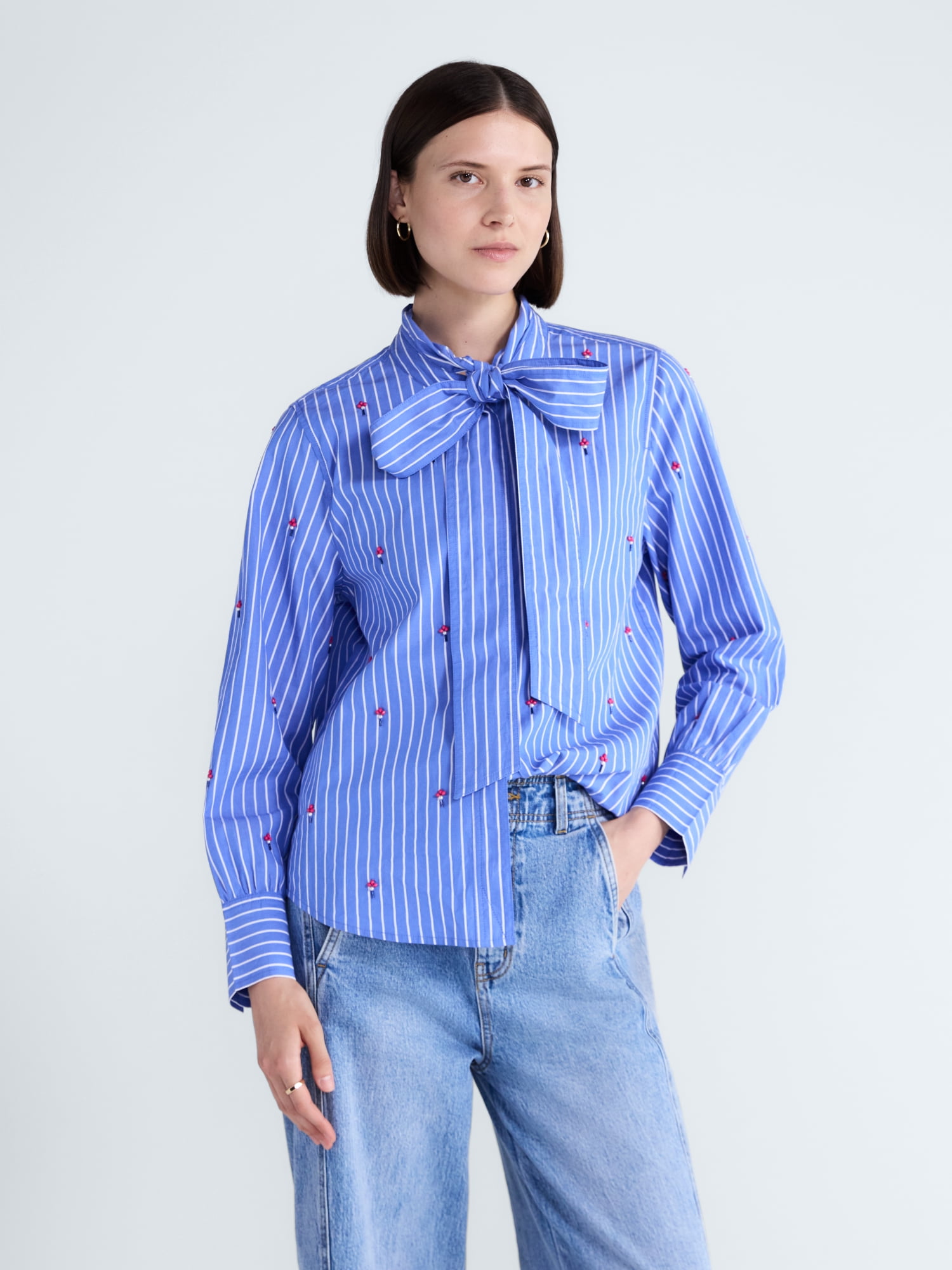 Free Assembly Women's and Women's Plus Beaded Tie Neck Cotton Shirt with Long Sleeves, Sizes XS-4X