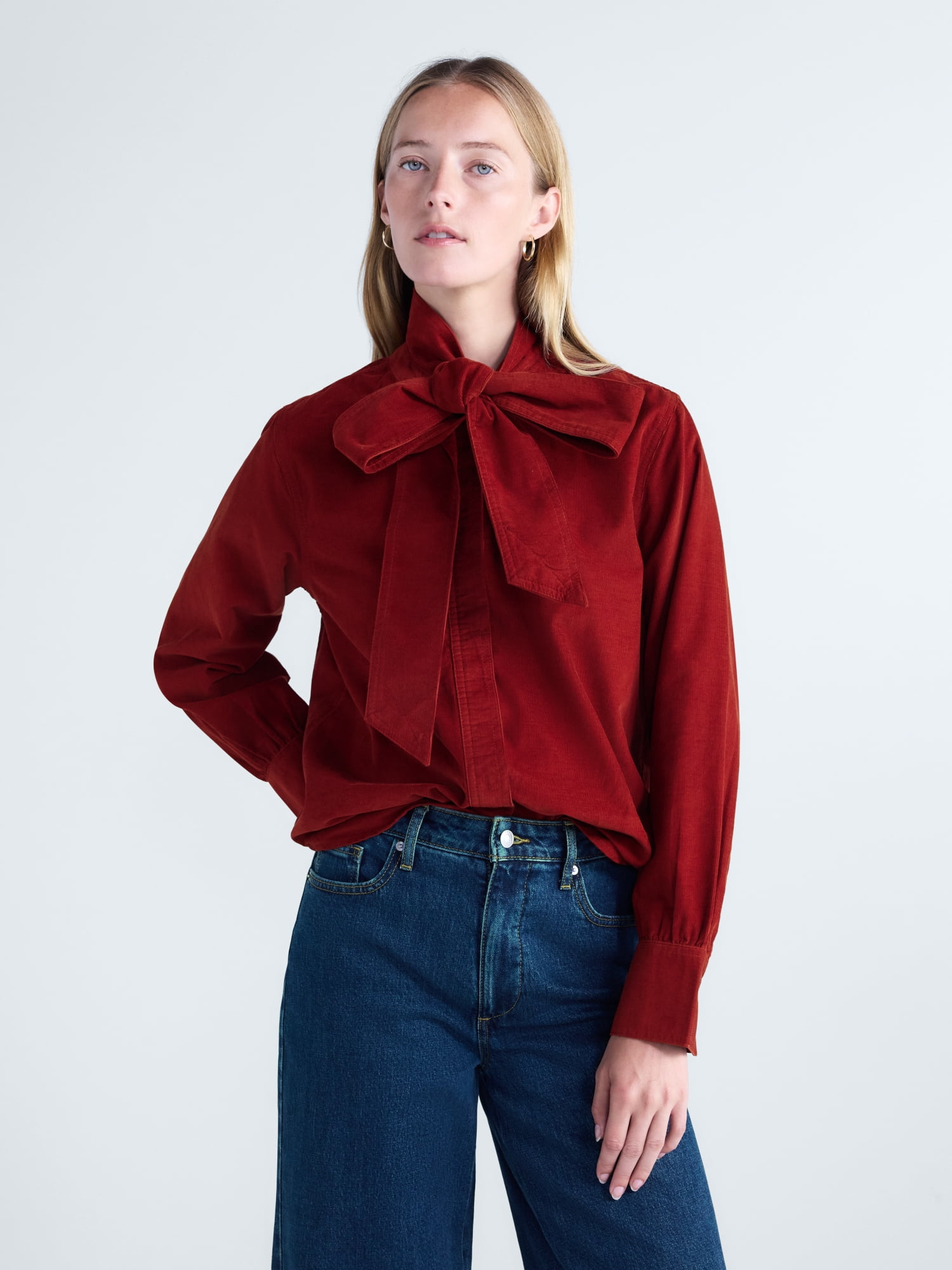 Free Assembly Women's and Women's Plus Long Sleeve Tie Neck Shirt, Sizes XS-4X