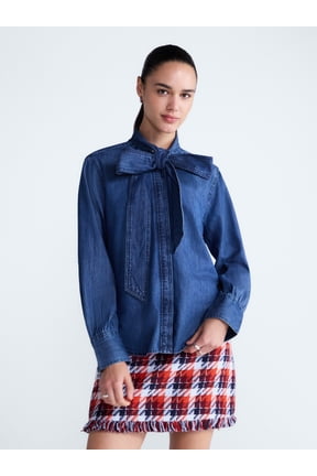 Women's and Women's Plus Long Sleeve Tie Neck Shirt, Sizes XS-4X