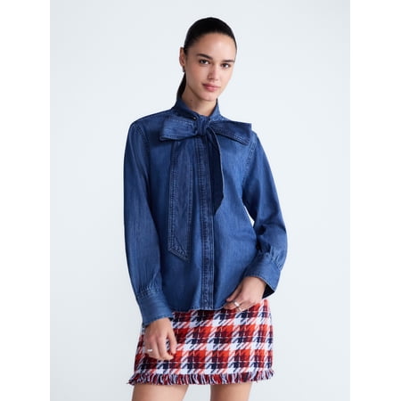Free Assembly Women's and Women's Plus Long Sleeve Tie Neck Shirt, Sizes XS-4X