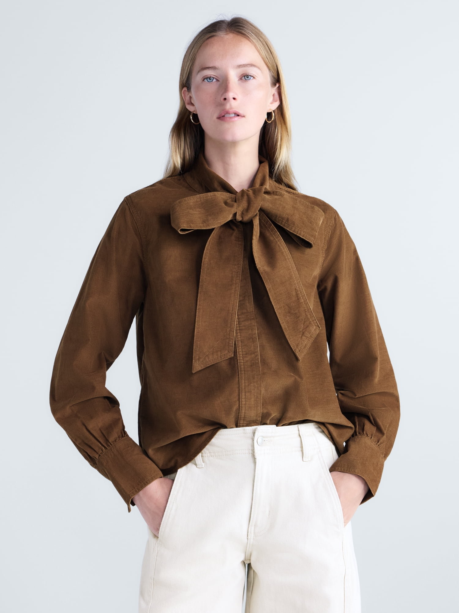 Free Assembly Women's and Women's Plus Long Sleeve Tie Neck Shirt, Sizes XS-4X
