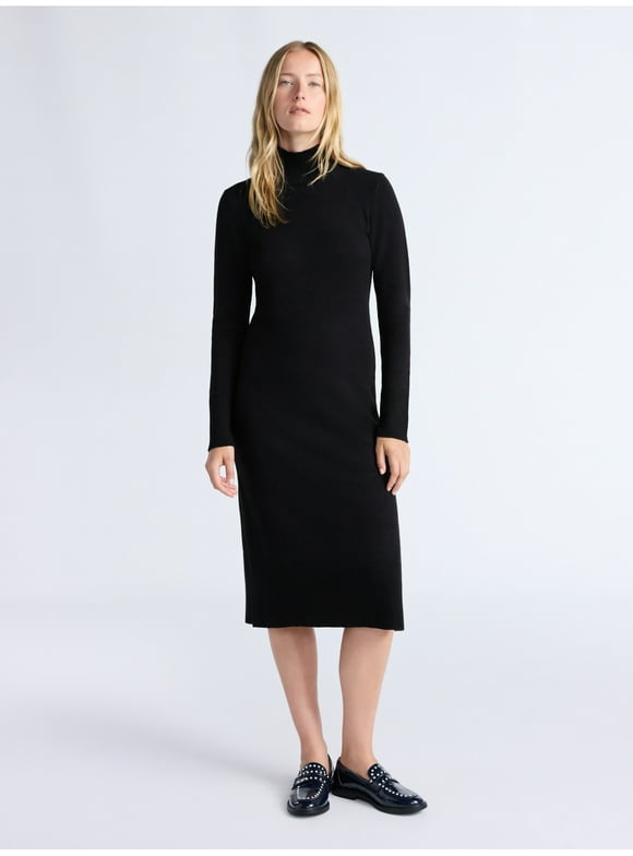 Women's Turtleneck Sweater Midi Dress with Long Sleeves, Sizes XS-XXL