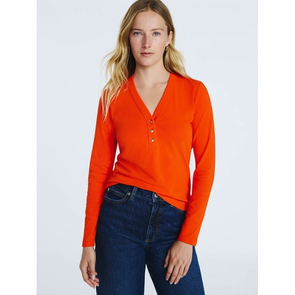 Free Assembly Women's V-Neck Henley with Long Sleeves, Sizes XS-XXL