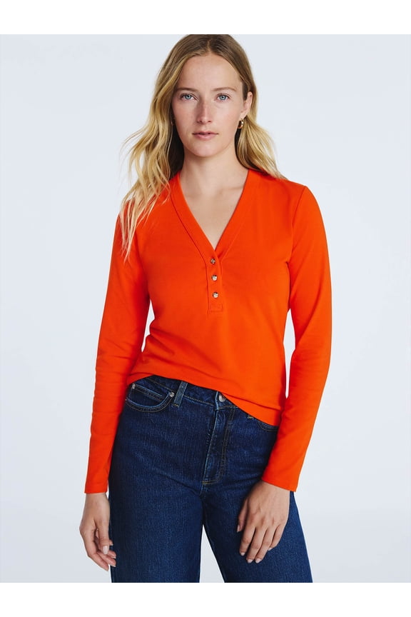 Women's V-Neck Henley with Long Sleeves, Sizes XS-XXL