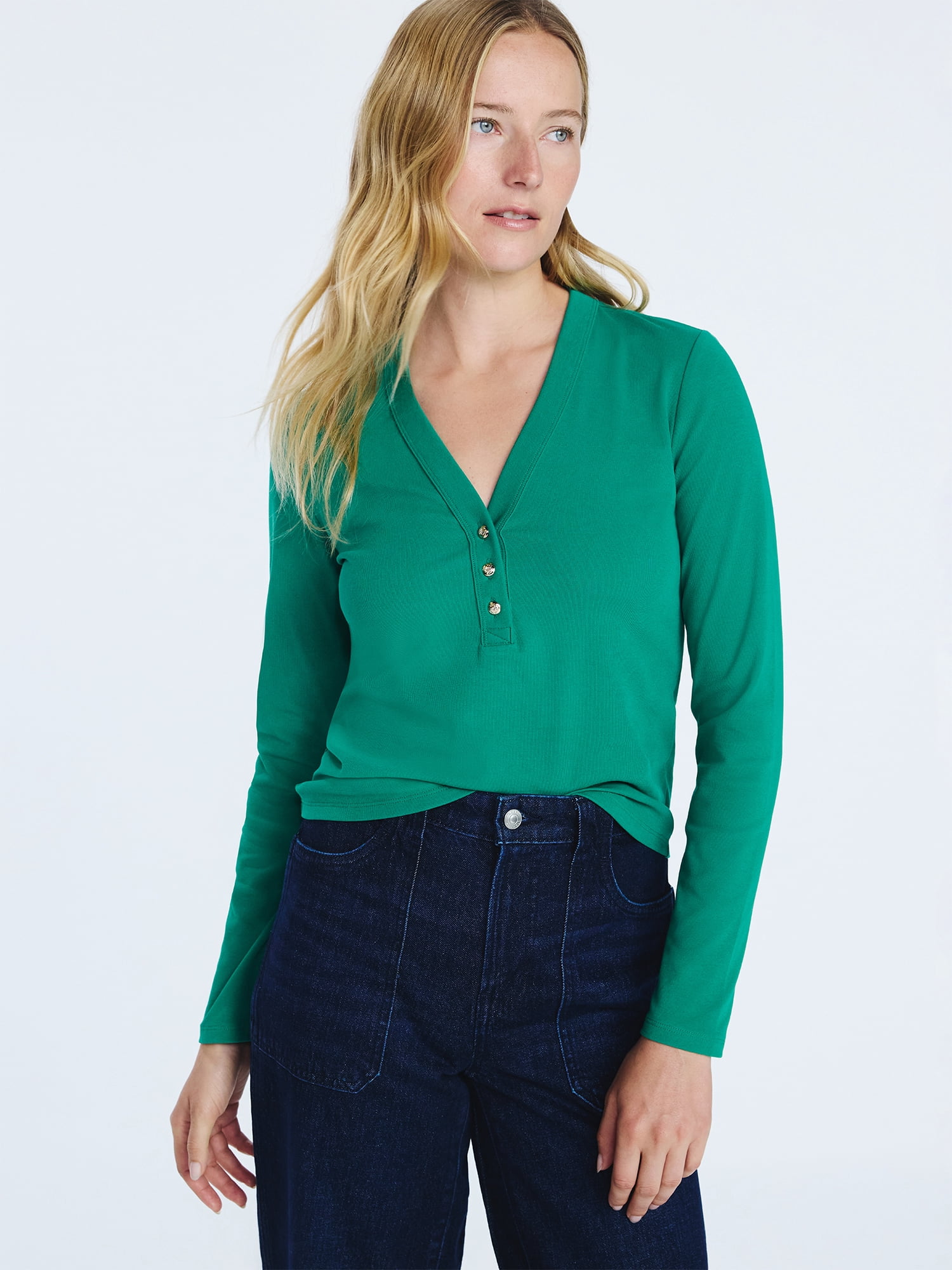 Free Assembly Women's V-Neck Henley with Long Sleeves, Sizes XS-XXL